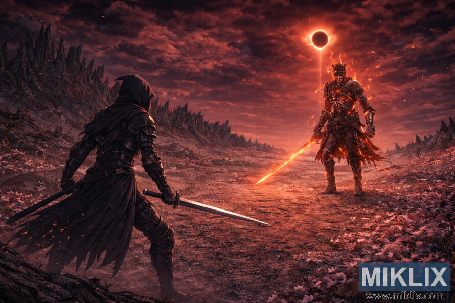 Een breedbeeldscène in anime-stijl van een zwaardvechter in een donker harnas die het opneemt tegen een vurige, gesmolten ridder tijdens een zonsverduistering op een uitgestrekt, met as bedekt slagveld.