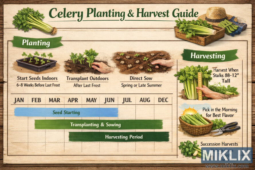 Myndskreytt dagatal fyrir sÃ¡ningu og uppskeru sellerÃ­ sem sÃ½nir tÃ­malÃ­nur fyrir upphaf frÃ¦ja, Ã­grÃ¦Ã°slu og uppskeru yfir mÃ¡nuÃ°i Ã¡rsins.
