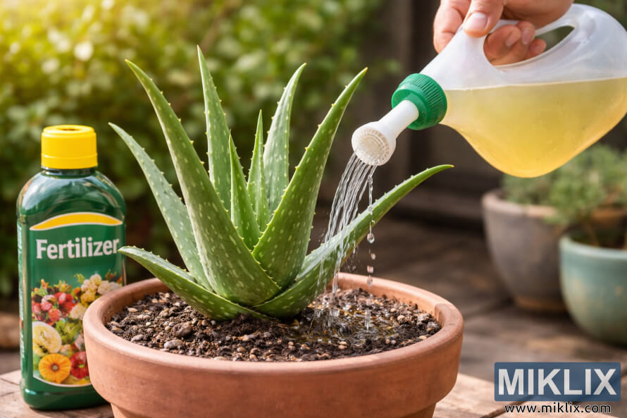 Aplicando fertilizante diluÃdo manualmente, com um regador, em uma planta de aloe vera em um vaso de terracota ao ar livre. Aplicando fertilizante diluÃdo manualmente, com um regador, em uma planta de aloe vera em um vaso de terracota ao ar livre.