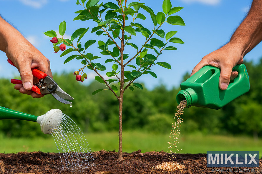 Jardiner podant, regant i fertilitzant un jove arbre de gra de bosc amb cobertor vegetal i baies madures en un jardÃ­ exuberant.