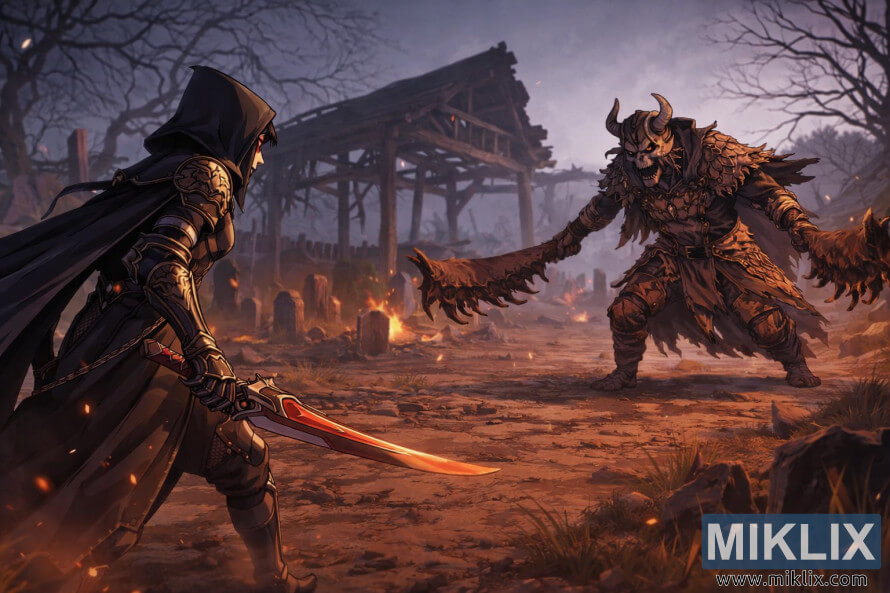 Arte de fÃ£ em estilo anime da armadura Tarnished in Black Knife enfrentando o Omenkiller na Vila dos AlbinaÃºricos, momentos antes do inÃ­cio do combate.