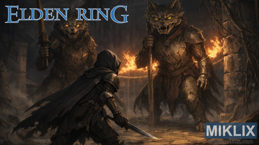 Fan art of Elden Ring player in Black Knife armor battling Erdtree Burial Watchdog Duo in fiery catacombs Fan art of Elden Ring player in Black Knife armor battling Erdtree Burial Watchdog Duo in fiery catacombs