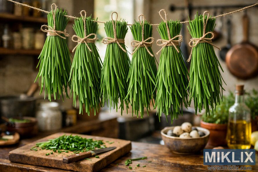 Bundles of fresh green chives tied with twine hanging upside down to air dry in a rustic kitchen with warm natural light and wooden surfaces. Bundles of fresh green chives tied with twine hanging upside down to air dry in a rustic kitchen with warm natural light and wooden surfaces.