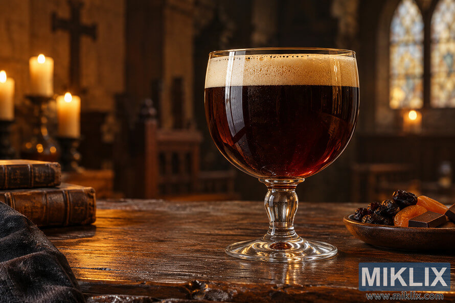 Dark Belgian-style quadrupel in a traditional glass goblet on a rustic wooden table with candles, old books, dried fruit, and chocolate. Dark Belgian-style quadrupel in a traditional glass goblet on a rustic wooden table with candles, old books, dried fruit, and chocolate.