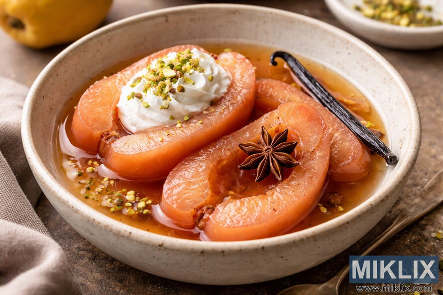 Landscape photo of poached quince halves in amber syrup topped with whipped cream, pistachios, star anise, and vanilla bean in a rustic ceramic bowl.