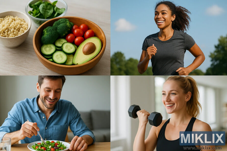 Collage di cibo sano, jogging, consumo di insalata e allenamento della forza. Collage di cibo sano, jogging, consumo di insalata e allenamento della forza.