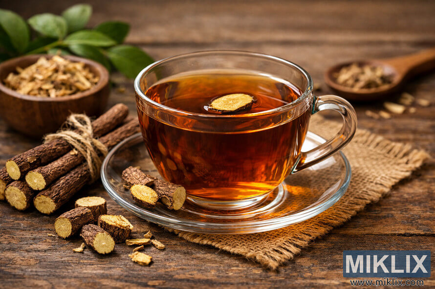 A glass cup of amber-colored licorice tea sits on a rustic wooden table surrounded by fresh and dried licorice roots, a small wooden bowl of shredded root, and green leaves in the background.