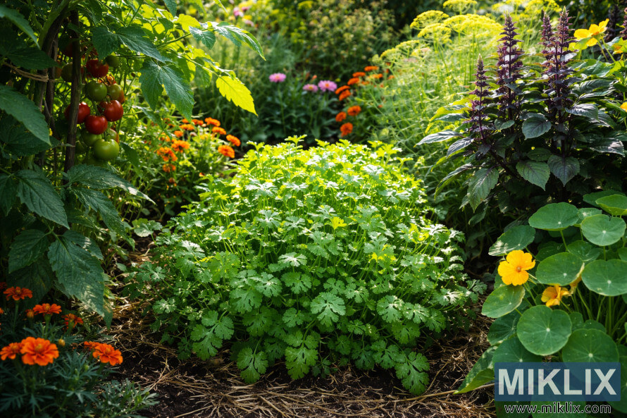 La coriandre poussant dans un parterre avec des plantes compagnes fournissant une ombre partielle, incluant tomates, basilics, soucis et capucines.