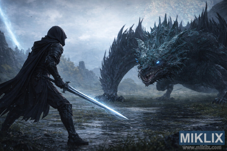 Fan art in stile anime dell'armatura Tarnished in Black Knife che brandisce una spada luminosa mentre affronta a testa alta il Drago di Pietralucente Smarag nelle nebbiose zone umide di Liurnia dei Laghi.