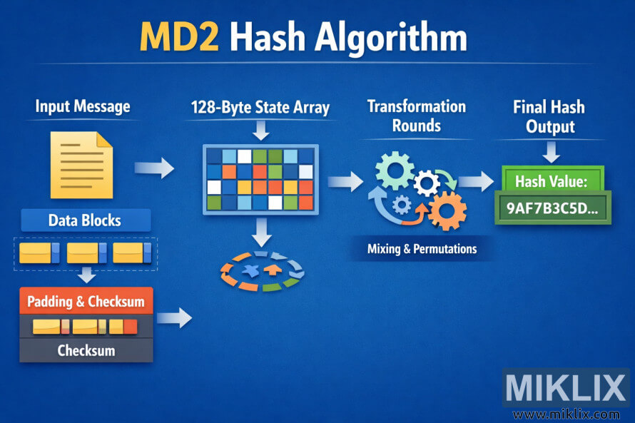 Infografía que muestra el flujo del algoritmo hash MD2 desde el mensaje de entrada a través de bloques de datos, relleno y suma de comprobación, rondas de mezcla de matrices de estados y salida hash final.