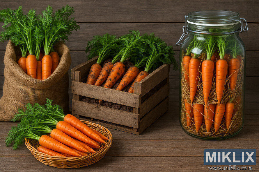 Varios mÃ©todos de almacenamiento para zanahorias reciÃ©n cosechadas, incluido un saco de arpillera, una caja de madera, un frasco de vidrio y una canasta de mimbre.