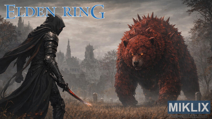 ภาพแฟนอาร์ตของ Tarnished ในชุดเกราะมีดดำ กำลังต่อสู้กับ Rugalea หมีแดงยักษ์ ที่ฐานทัพ Rauh