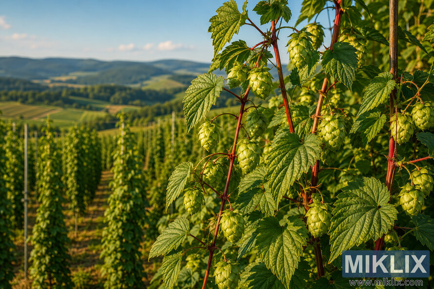 Detailed botanical illustration of Hersbrucker Red-Stem hop bines with distinctive red stems, mature green hop cones, and richly textured leaves in the foreground, overlooking orderly rows of a sunlit hop garden with softly blurred rolling hills beneath a clear blue sky during warm late afternoon light.