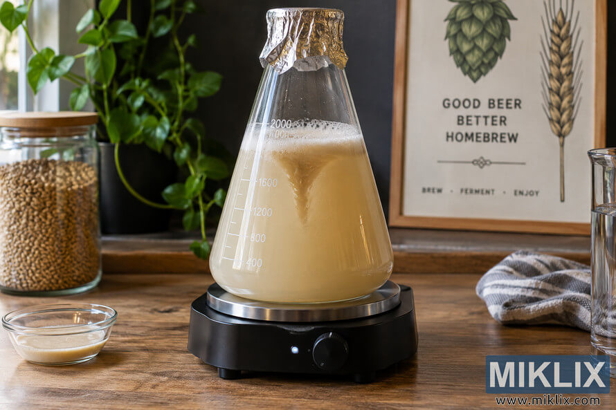 Landscape photo of a cloudy pale-golden hefeweizen yeast starter swirling in a foil-covered Erlenmeyer flask on a black magnetic stir plate, arranged on a wooden homebrewing workbench with grain, a green plant, glassware, and generic brewing-themed decor in the background. Landscape photo of a cloudy pale-golden hefeweizen yeast starter swirling in a foil-covered Erlenmeyer flask on a black magnetic stir plate, arranged on a wooden homebrewing workbench with grain, a green plant, glassware, and generic brewing-themed decor in the background.