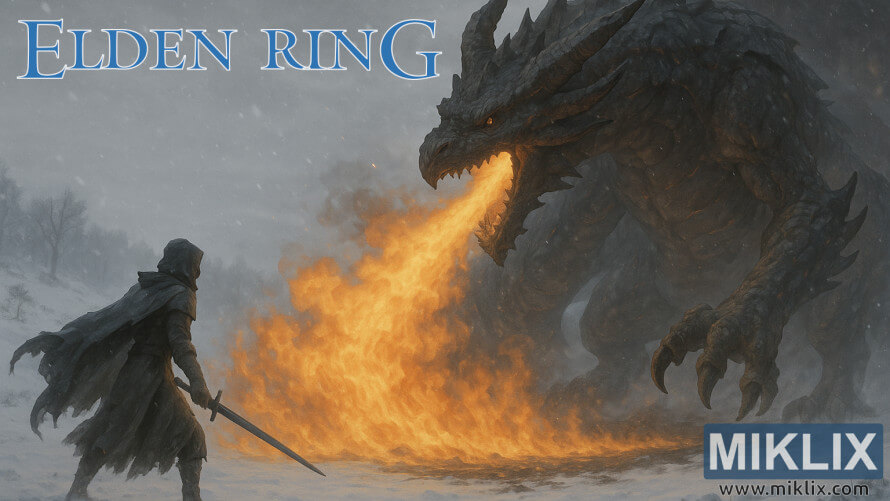 A lone warrior in Black Knife armor confronting the fire-breathing Great Wyrm Theodorix in a snowy landscape.