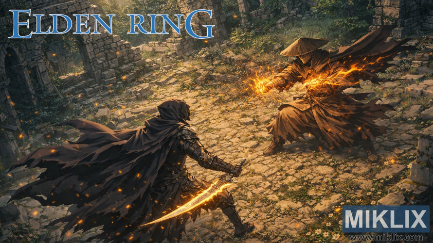 Fan art of Tarnished in Black Knife armor battling Dryleaf Dane at Moorth Ruins in Elden Ring: Shadow of the Erdtree