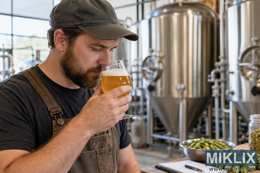 Brewer in a craft brewery smells a glass of hazy golden beer to evaluate hop aroma intensity, with green hops, a notebook, and stainless-steel fermentation tanks nearby. Brewer in a craft brewery smells a glass of hazy golden beer to evaluate hop aroma intensity, with green hops, a notebook, and stainless-steel fermentation tanks nearby.