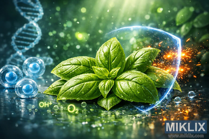 Fresh basil leaves surrounded by glowing blue cells and a radiant shield deflecting fiery particles, symbolizing antioxidant protection and cellular health. Fresh basil leaves surrounded by glowing blue cells and a radiant shield deflecting fiery particles, symbolizing antioxidant protection and cellular health.