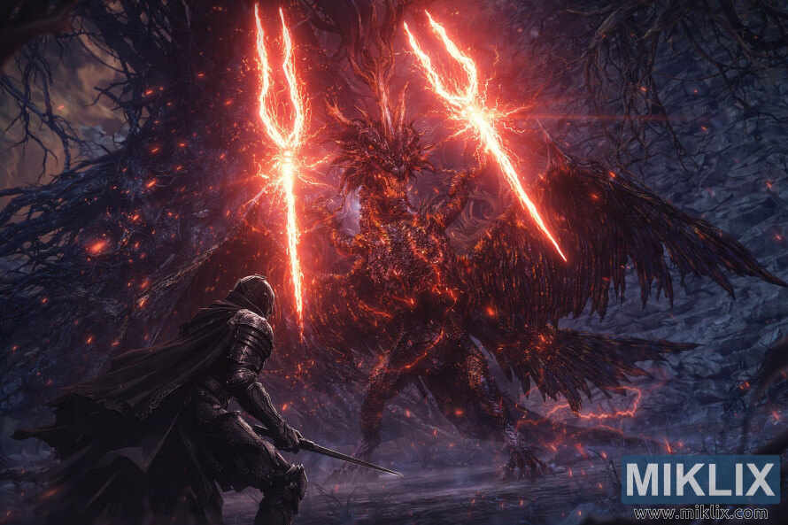 Anime stÃ­lusÃº rajongÃ³i grafika, amelyen a Fekete KÃ©s pÃ¡ncÃ©lba Ã¶ltÃ¶zÃ¶tt Tarnished szembeszÃ¡ll Lichdragon Fortissaxszal az Elden Ring MÃ©lysÃ©gi MÃ©lysÃ©gekben vÃ¶rÃ¶s villÃ¡mok kÃ¶zepette.