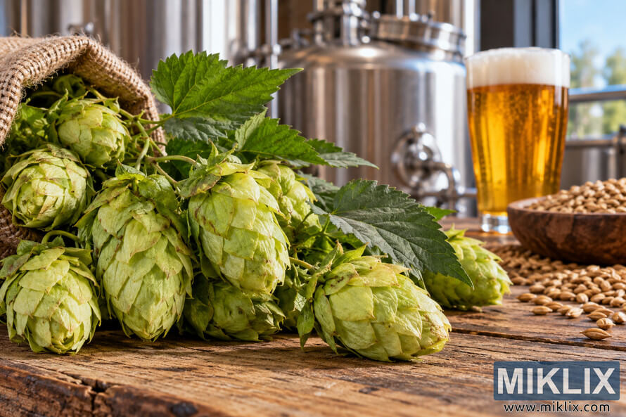 Close-up of fresh green Bramling Cross hop cones and leaves spilling from a burlap sack onto a rustic wooden table, with loose brewing grain, stainless-steel brewery tanks, and a foamy glass of golden beer softly blurred in the background.