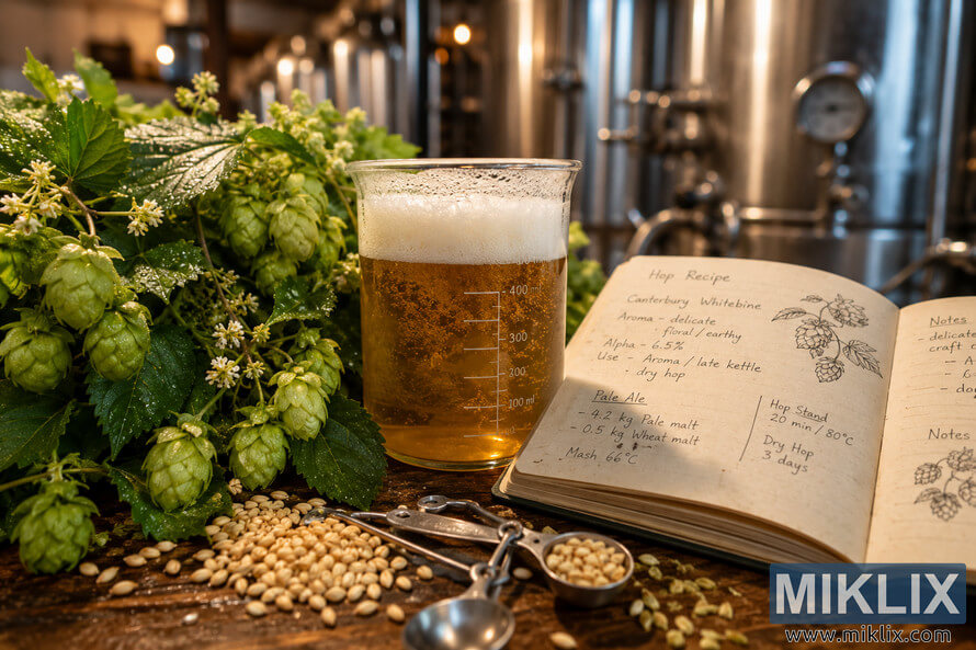 Close-up landscape image of fresh Canterbury Whitebine hops with dew, a glass beaker filled with pale golden beer topped by a creamy foam head, scattered pale malt grains, stainless steel measuring spoons, and an open notebook containing handwritten brewing recipes on a rustic wooden table, with softly blurred stainless steel brewing equipment illuminated by warm ambient light in the background.