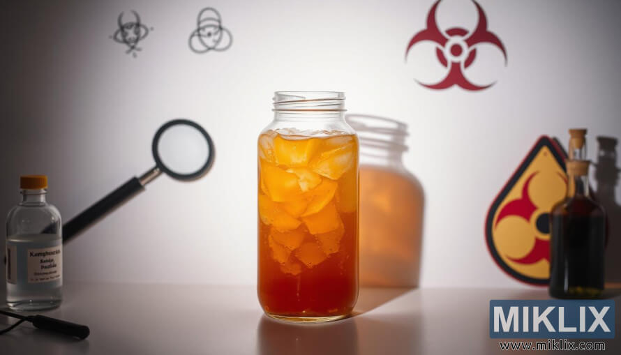 Pot de vidre de kombucha ambre efervescent amb sÃmbols de precaució com verÃ, risc biològic i lupa sobre fons blanc. Pot de vidre de kombucha ambre efervescent amb sÃmbols de precaució com verÃ, risc biològic i lupa sobre fons blanc.