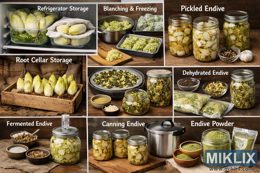 Landscape collage showing multiple ways to store harvested endive, including refrigeration, freezing, pickling, root cellar storage, dehydration, fermentation, canning, and powdered endive.