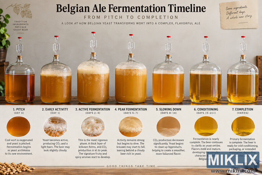 Belgian ale fermentation timeline showing seven glass fermenters from Day 0 pitch through active fermentation, conditioning, and clear finished beer. Belgian ale fermentation timeline showing seven glass fermenters from Day 0 pitch through active fermentation, conditioning, and clear finished beer.