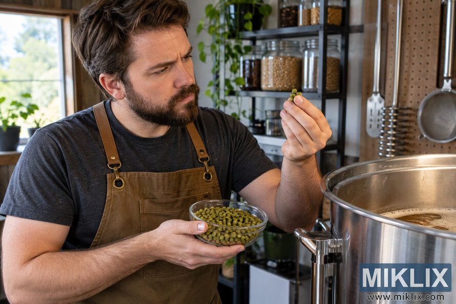 Homebrewer in a brown apron closely examines green hop pellets held between his fingers while carrying a glass bowl of hops beside a stainless-steel brewing kettle in a bright, well-equipped home brewery.