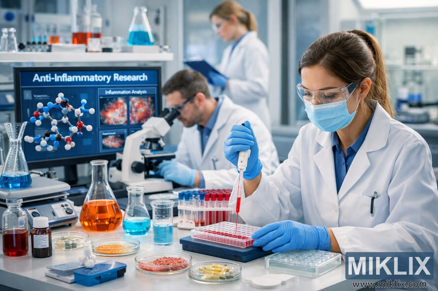 Scientists in a modern laboratory conduct anti-inflammatory research, pipetting colorful liquids, analyzing samples under a microscope, and reviewing data on a computer displaying molecular structures and inflammation analysis. Scientists in a modern laboratory conduct anti-inflammatory research, pipetting colorful liquids, analyzing samples under a microscope, and reviewing data on a computer displaying molecular structures and inflammation analysis.