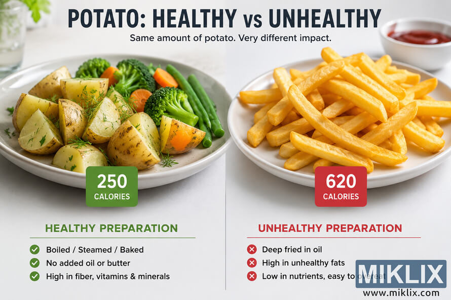 Landscape infographic comparing healthy and unhealthy potato preparation. The left side shows boiled or baked potato pieces served with broccoli, carrots, and green beans, labeled as a healthy preparation with approximately 250 calories. The right side shows a plate of deep-fried potato fries labeled as an unhealthy preparation with approximately 620 calories. Landscape infographic comparing healthy and unhealthy potato preparation. The left side shows boiled or baked potato pieces served with broccoli, carrots, and green beans, labeled as a healthy preparation with approximately 250 calories. The right side shows a plate of deep-fried potato fries labeled as an unhealthy preparation with approximately 620 calories.