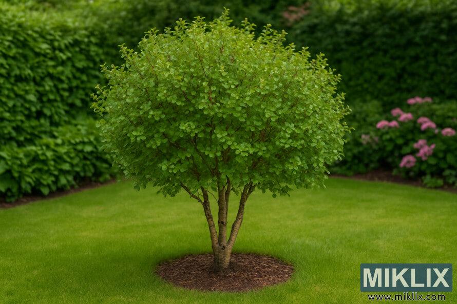 Bouleau nain avec canopÃ©e arrondie compacte et feuilles vert vif dans un jardin.