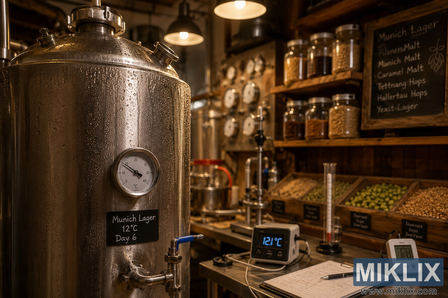 Landscape photograph of a warm brewing workshop featuring a condensation-covered stainless-steel fermenter in the foreground, brewing thermometers and monitoring instruments in the midground, and shelves filled with malt and hops in the background. Landscape photograph of a warm brewing workshop featuring a condensation-covered stainless-steel fermenter in the foreground, brewing thermometers and monitoring instruments in the midground, and shelves filled with malt and hops in the background.