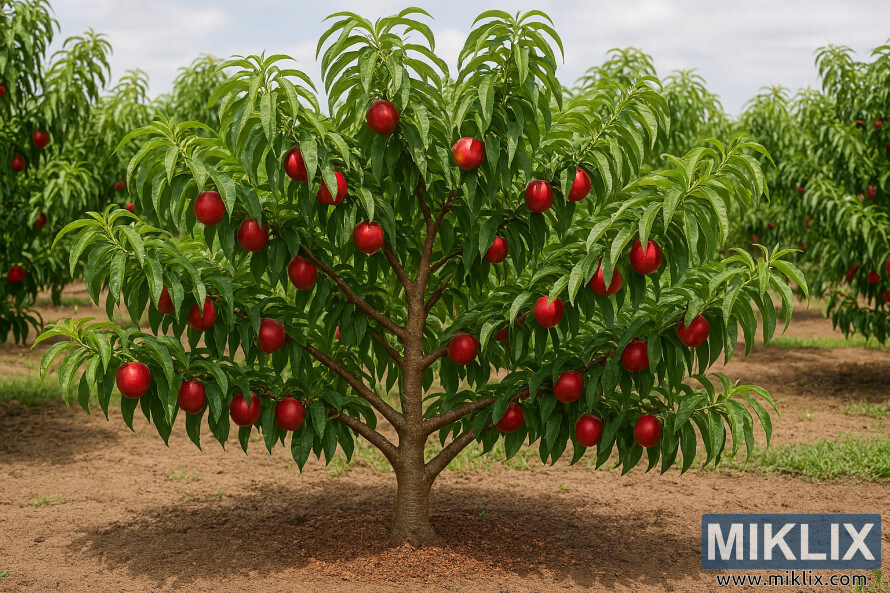 A well-maintained nectarine tree with ripe fruit and pruned branches in a sunny orchard