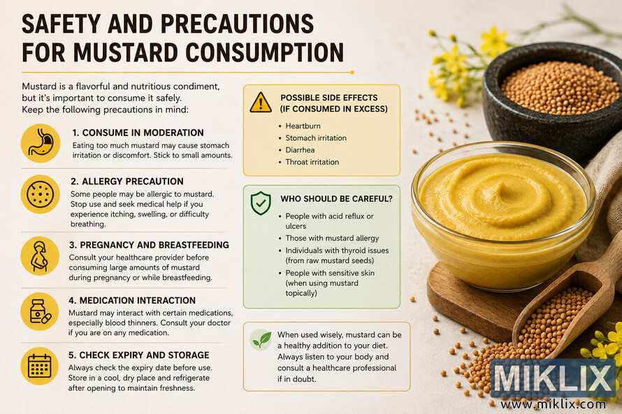Landscape infographic about mustard consumption safety featuring mustard in a ceramic bowl, mustard seeds, and educational health precautions including allergies, moderation, pregnancy, medication interaction, and proper storage guidance. Landscape infographic about mustard consumption safety featuring mustard in a ceramic bowl, mustard seeds, and educational health precautions including allergies, moderation, pregnancy, medication interaction, and proper storage guidance.