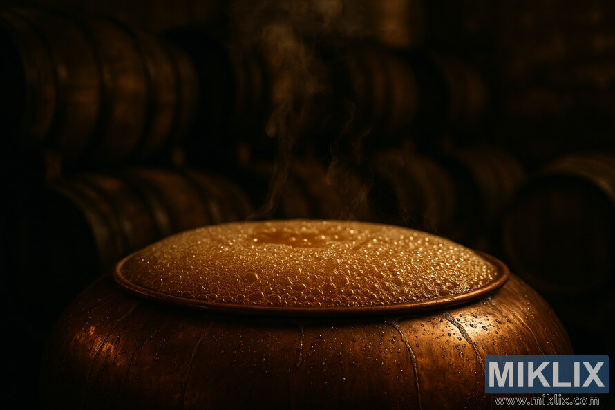 Jirgin ruwa mai haifuwa na tagulla tare da saman kumfa da tururi mai tasowa a cikin rumbun ajiya mai duhu mai lullube da ganga na itacen oak. Jirgin ruwa mai haifuwa na tagulla tare da saman kumfa da tururi mai tasowa a cikin rumbun ajiya mai duhu mai lullube da ganga na itacen oak.