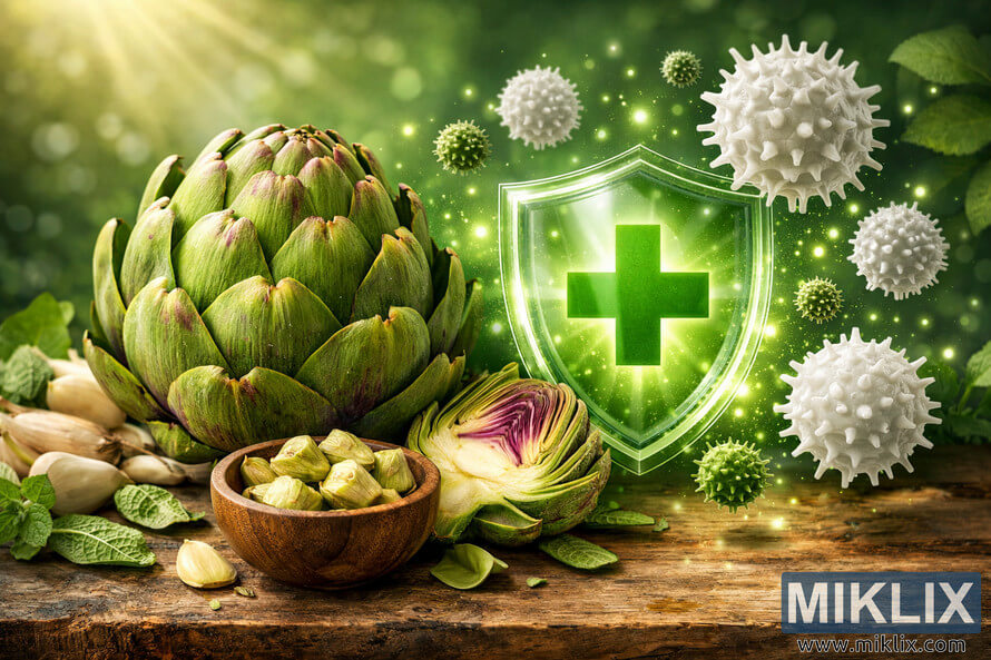 Landscape image showing fresh artichokes on a rustic wooden surface alongside a glowing green shield with a medical cross, surrounded by stylized white blood cells and microscopic particles, symbolizing the immune system health benefits of artichokes. Landscape image showing fresh artichokes on a rustic wooden surface alongside a glowing green shield with a medical cross, surrounded by stylized white blood cells and microscopic particles, symbolizing the immune system health benefits of artichokes.