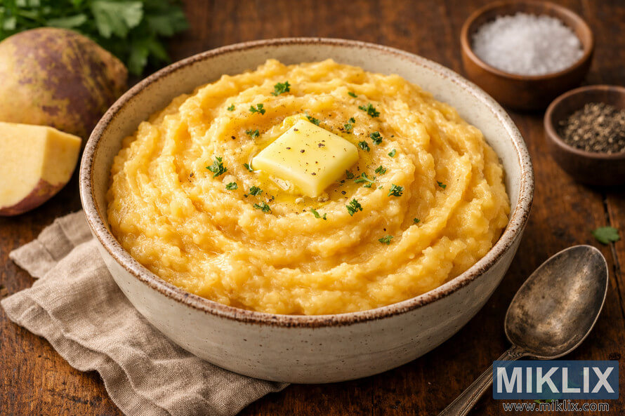 A rustic bowl of creamy mashed rutabaga topped with melting butter, placed on a wooden table with warm lighting and surrounded by fresh parsley, salt, and pepper dishes.