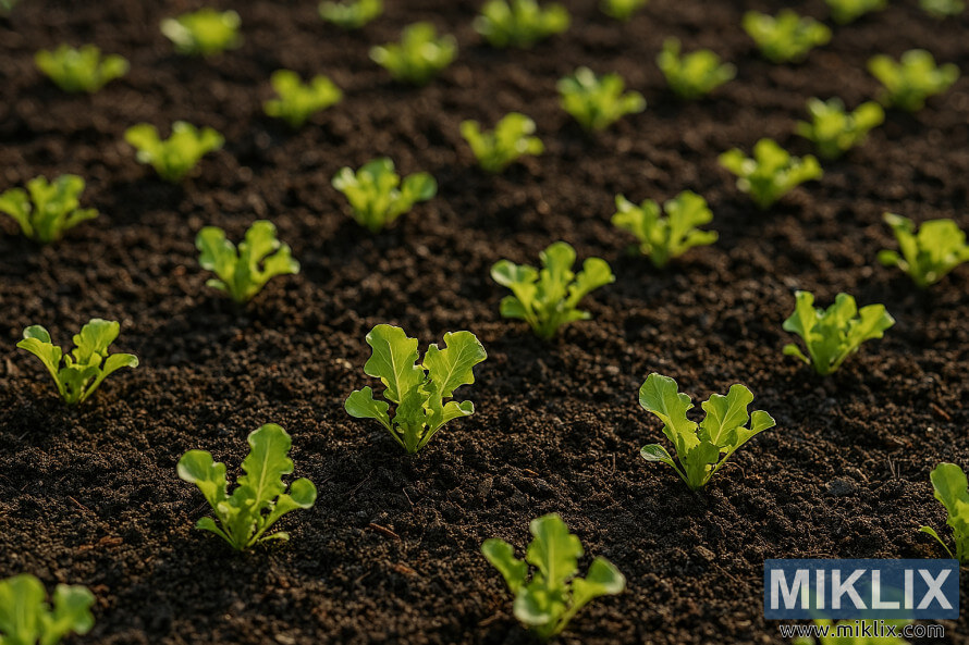 Young lettuce seedlings emerging from dark soil in a spring garden bed