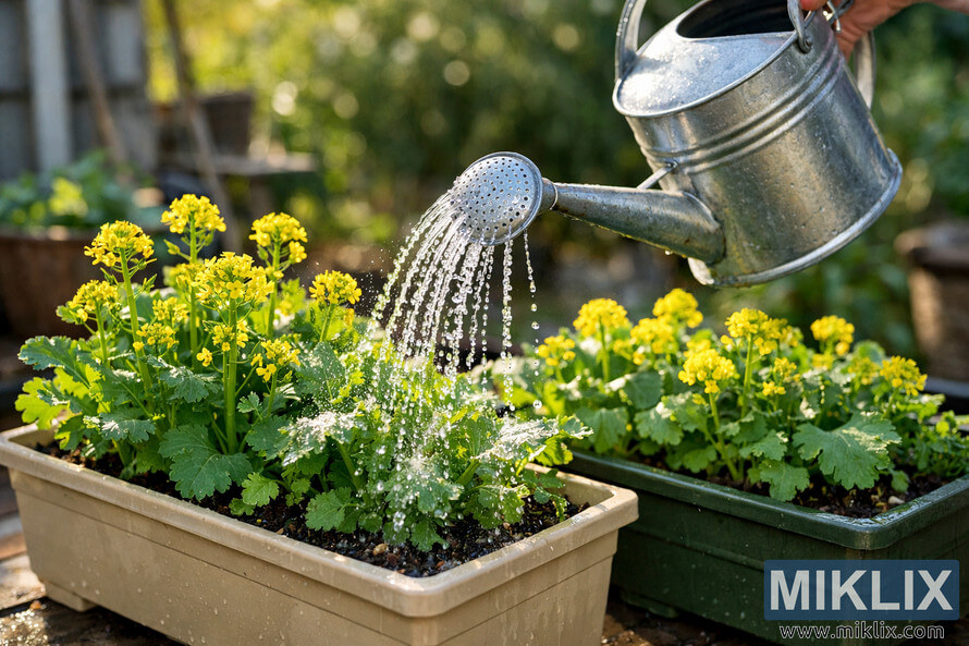 A metal watering can gently watering healthy green mustard plants growing in rectangular containers outdoors in natural sunlight.