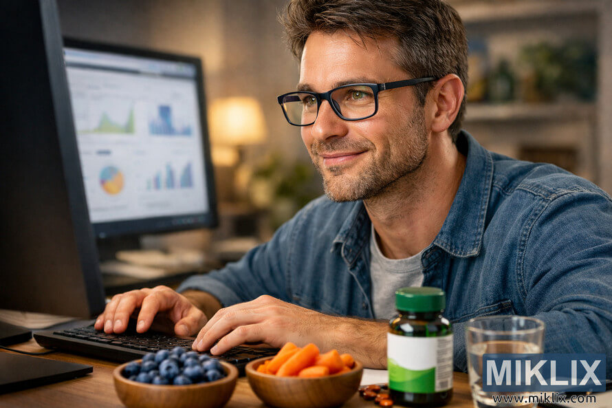 Man with healthy eyes working on computer, wearing blue-light glasses, with blueberries, carrots, and supplements on desk.