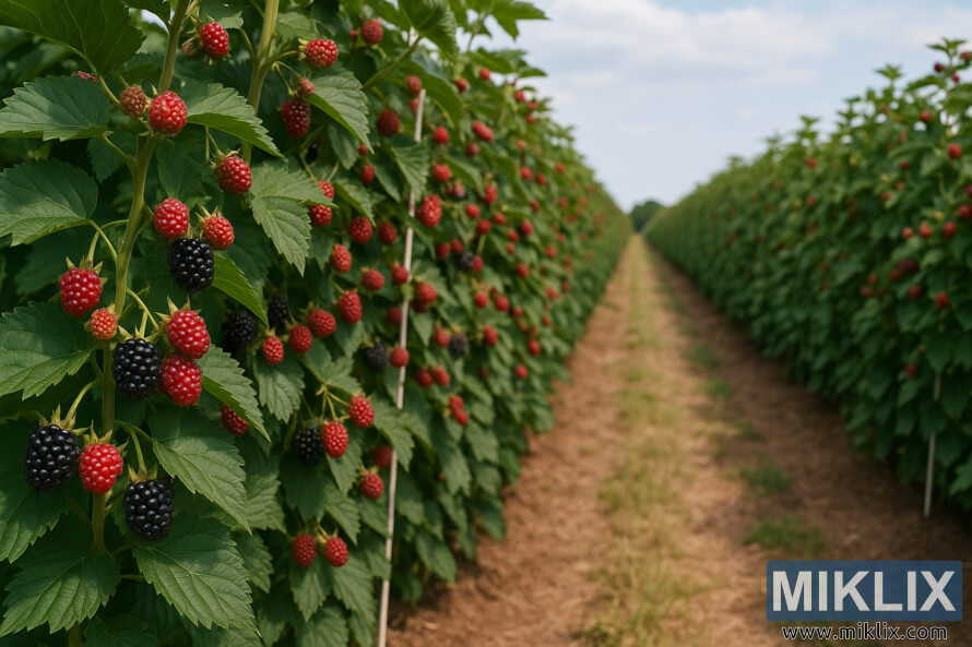 Des rangÃ©es de mÃ»riers remontants poussent sur des treillis sous un soleil Ã©clatant dans un systÃ¨me agricole monoculturel bien entretenu.
