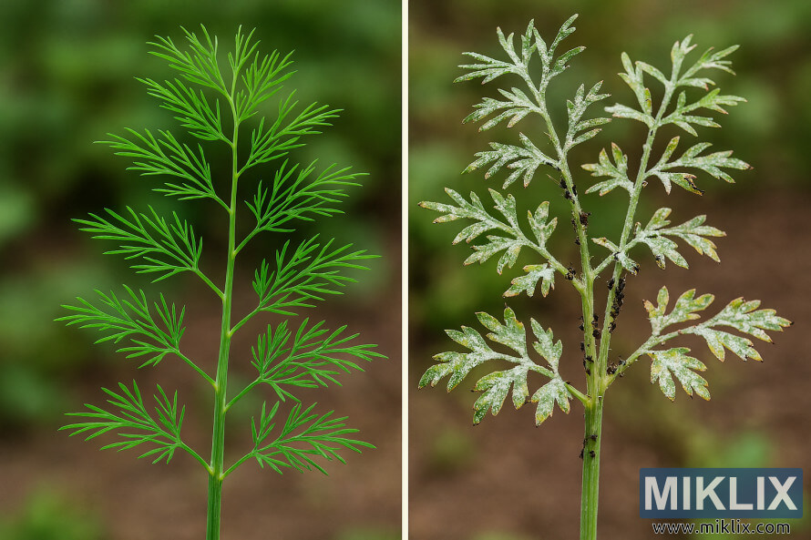 Comparaison cÃ´te Ã  cÃ´te entre une plante dâaneth en bonne santÃ© et une autre affectÃ©e par les pucerons et lâoÃ¯dium