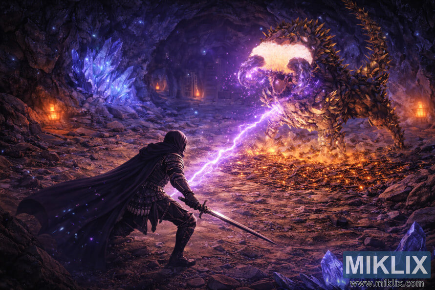 Isometric anime-style scene of the Tarnished in Black Knife armor wielding a sword against the Fallingstar Beast in Sellia Crystal Tunnel.