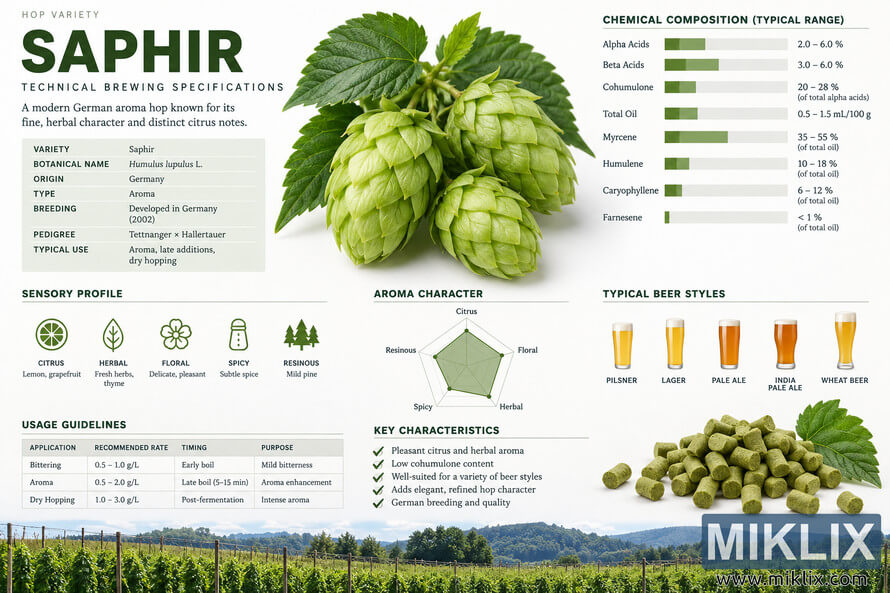 Landscape technical brewing infographic for Saphir hops, featuring fresh green hop cones and leaves, chemical composition ranges, citrus, herbal, floral, spicy and resinous sensory notes, an aroma radar chart, typical beer styles, brewing usage guidelines, hop pellets, key characteristics and a panoramic hop field.