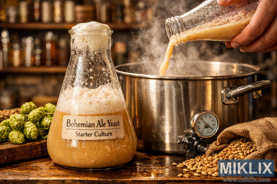 Close-up of a frothy Bohemian Ale yeast starter being poured from a glass flask into a steaming stainless steel brewing kettle, with hops and malt on a wooden countertop.