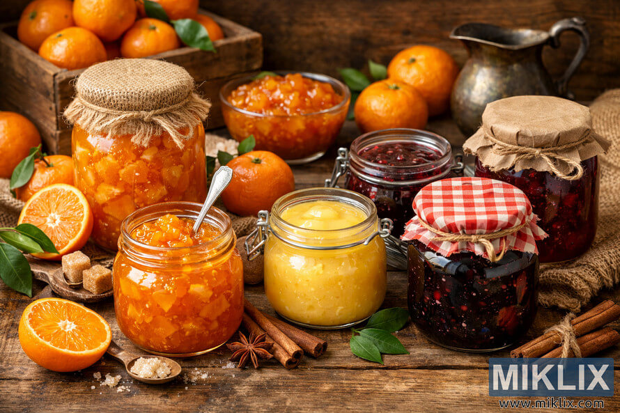 Jars of homemade tangerine marmalade, curd, and dark berry preserves arranged on a rustic wooden table with fresh tangerines, spices, and vintage kitchen props.