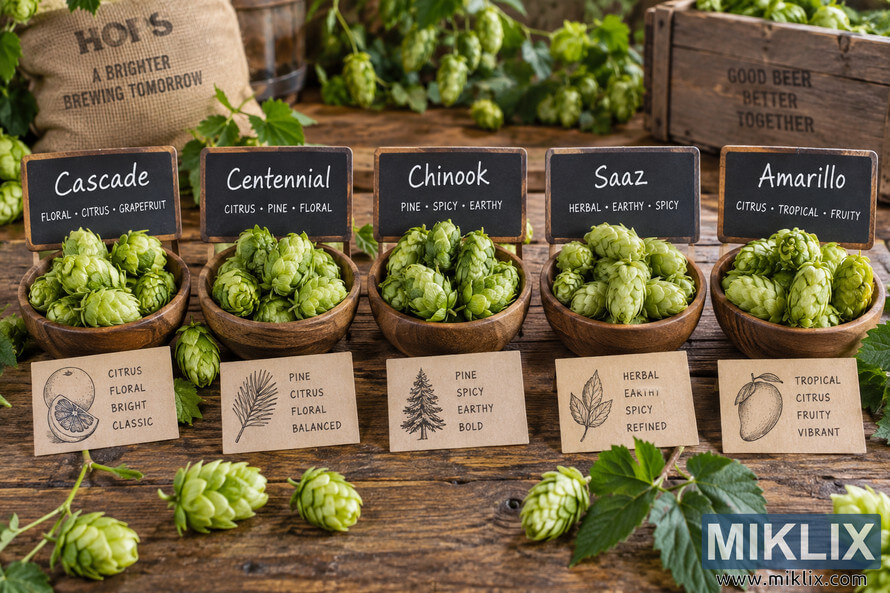Landscape comparison of five hop varieties in wooden bowls on a rustic table: Cascade, Centennial, Chinook, Saaz, and Amarillo, each labeled with characteristic floral, citrus, pine, spicy, earthy, herbal, or tropical aroma notes, surrounded by fresh hop cones and green vines. Landscape comparison of five hop varieties in wooden bowls on a rustic table: Cascade, Centennial, Chinook, Saaz, and Amarillo, each labeled with characteristic floral, citrus, pine, spicy, earthy, herbal, or tropical aroma notes, surrounded by fresh hop cones and green vines.