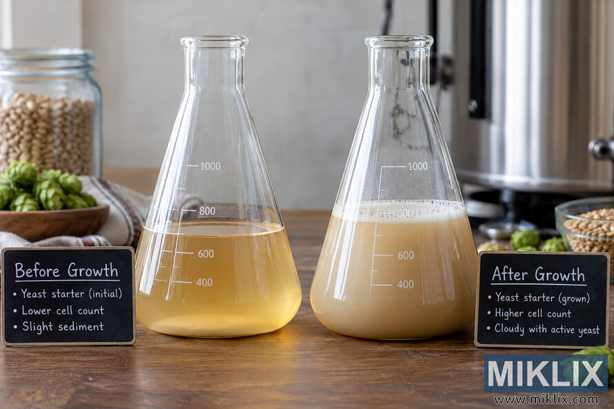 Two beer yeast starter flasks side by side, showing a clear golden starter before growth and a cloudy, foamy starter after yeast propagation. Two beer yeast starter flasks side by side, showing a clear golden starter before growth and a cloudy, foamy starter after yeast propagation.
