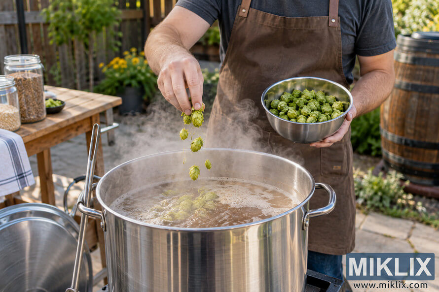Homebrewer in a brown apron adding fresh green hop cones to a steaming stainless-steel kettle of boiling wort in an outdoor backyard brewing setup. Homebrewer in a brown apron adding fresh green hop cones to a steaming stainless-steel kettle of boiling wort in an outdoor backyard brewing setup.
